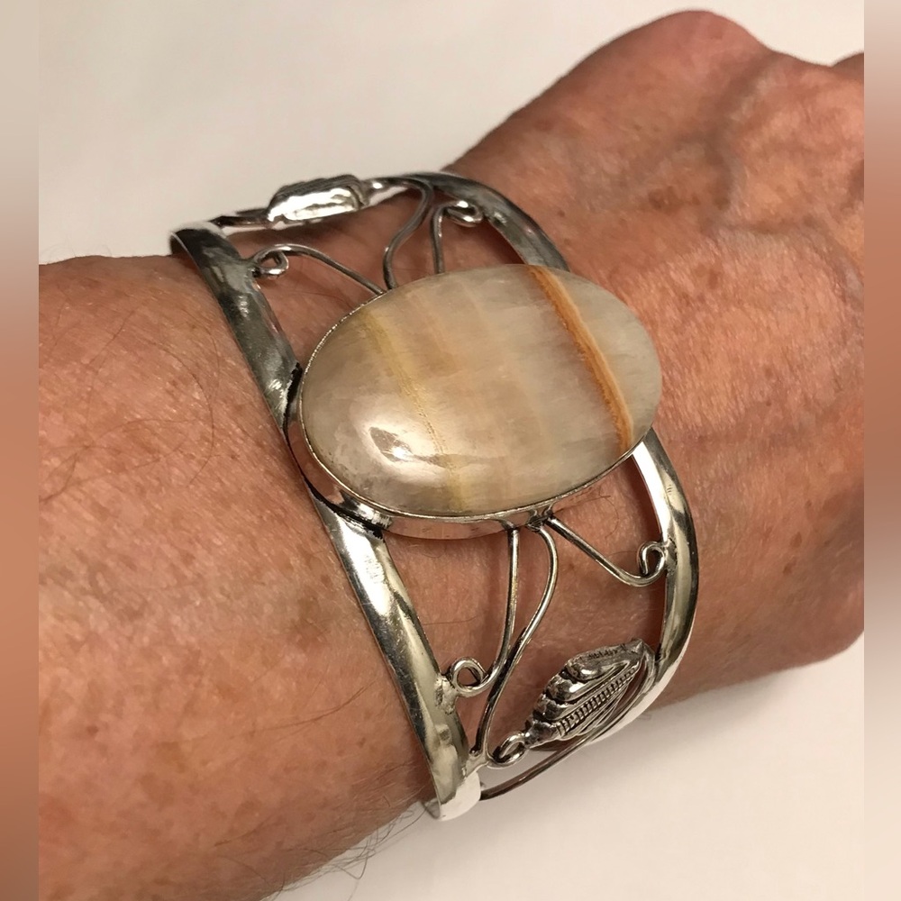 Orange Calcite Stamped 925 Sterling Silver Cuff Bracelet